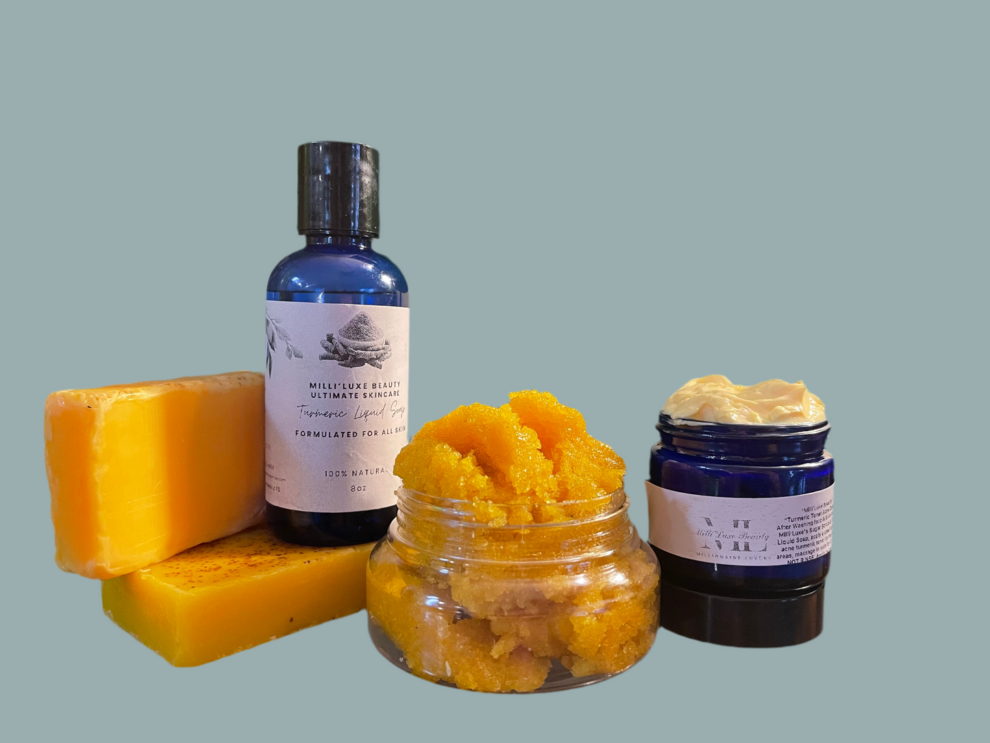 4 Piece Turmeric Toning Set! 1 Turmeric Toner, 1 Organic Exfoliating Turmeric Scrub, 1 organic Liquid Face soap, & 1 Organic Turmeric Toning Soap Bar!