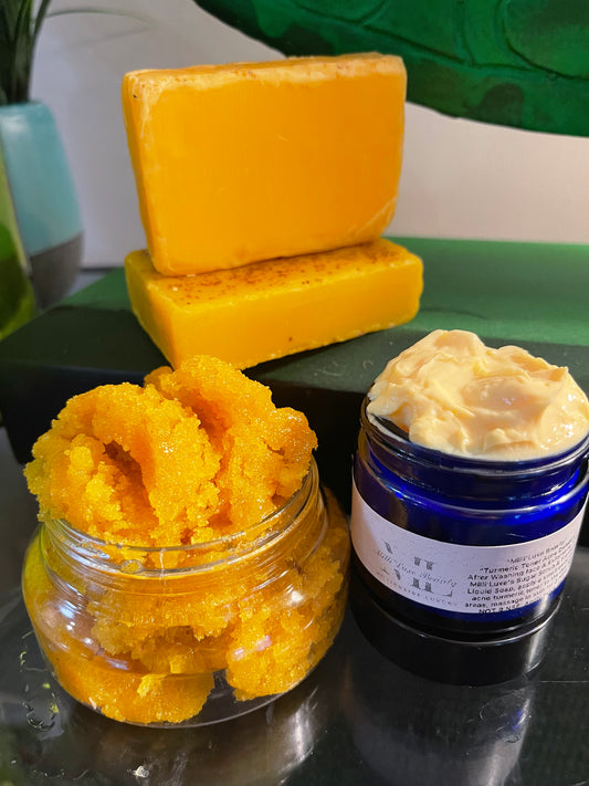 3 Piece Turmeric Toning Set! 1 Turmeric Toner, 1 Organic Exfoliating Turmeric Scrub, & 1 Organic Turmeric Toning Soap Bar!