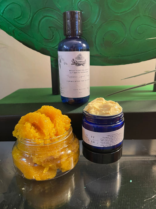 3 Piece Turmeric Toning Set! 1 Turmeric Toner, 1 Organic Exfoliating Turmeric Scrub, 1 organic Liquid Face soap